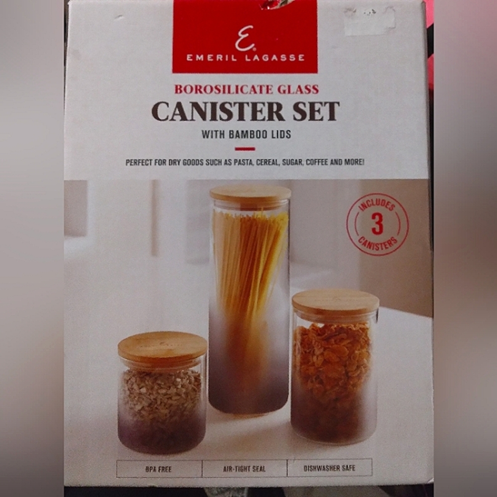 BNIB*EMERIL LAGASSE*Set Of 3*Borosilicate Glass Canister Set w/Bamboo Lids*